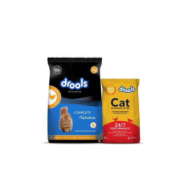 Drools Dry Adult Cat Food Real Chicken 7kg with 5kg Drools Cat Litter Free